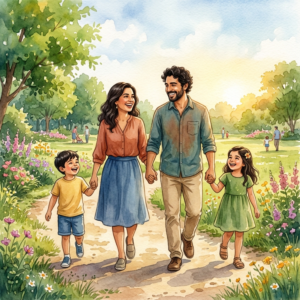 Familia feliz caminando juntos